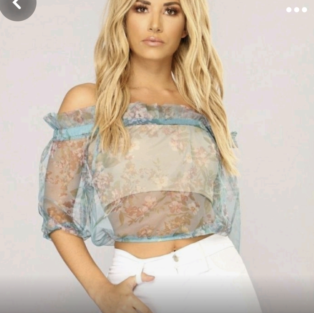 NWT Fashion Nova Love Is Uncovered Sheer Floral Teal Top L 🌸✨